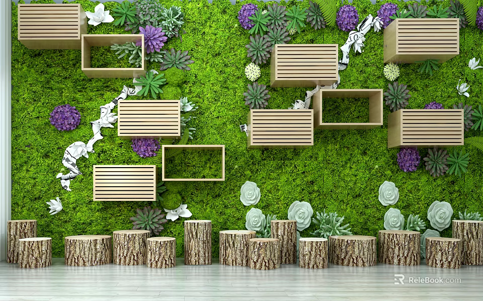 Green Plant Wall Design With Wooden Boxes Purple Flowers And White Decorative Elements 3d model 