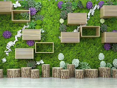Green Plant Wall Design With Wooden Boxes Purple Flowers And White Decorative Elements 3d model