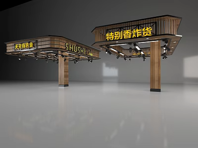 Wooden Ceiling Design of Food Stalls Featuring Illuminated Signboards and Lighting 3d model