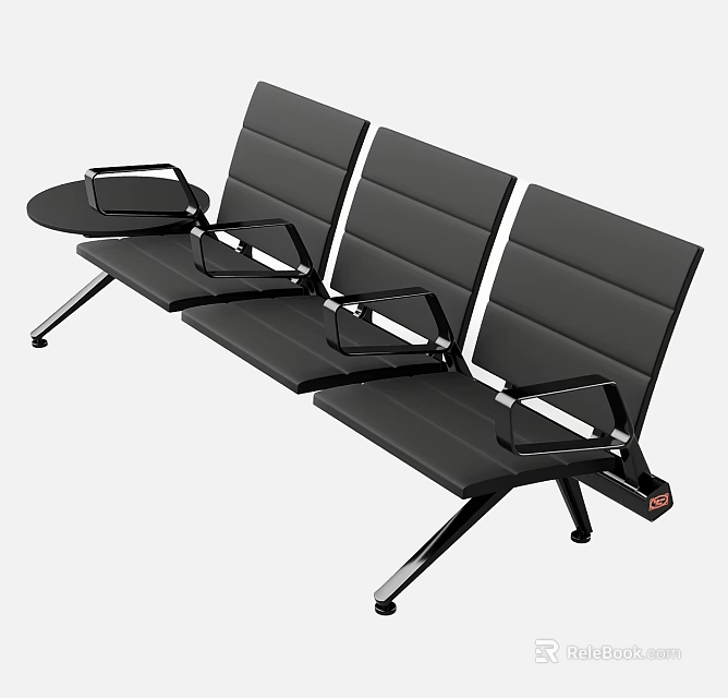 Black Three Seater Public Chair With Metal Frame Armrests And Side Table 3d model
