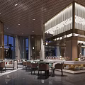 Elegant Modern Restaurant Interior With Wooden Ceiling Large Chandelier And Floor To Ceiling Windows