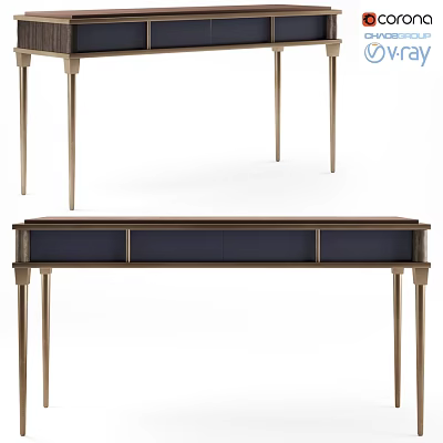 Elegant Modern Dining Table With Dark Wooden Surface And Gold Metal Legs 3d model