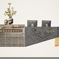 Modern Marble Reception Desk With Gold Accents Computer Monitors And Yellow Flower Vase