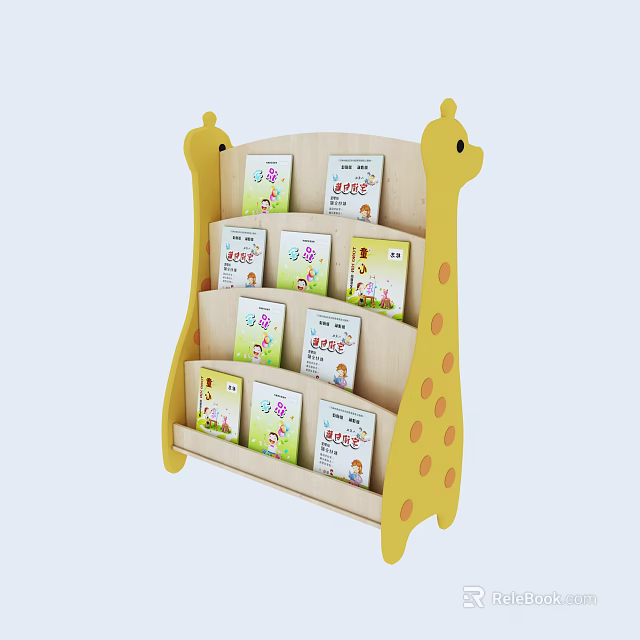 Giraffe Shaped Kids Wooden Bookshelf With Multi Layer And Children Books 3d model 