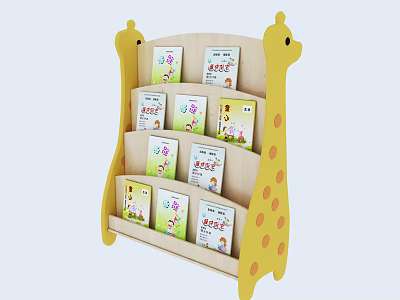 Giraffe Shaped Kids Wooden Bookshelf With Multi Layer And Children Books 3d model