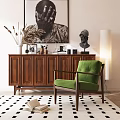 Dark Brown Console Cabinet With Decorative Items Green Armchair And Floor Lamp