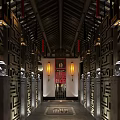 Traditional Chinese Restaurant Interior With Wicker Pendant Lights Wooden Ceiling And Dining Furniture