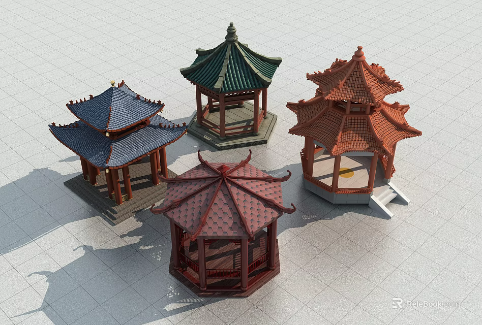 Traditional Chinese Pavilions Featuring Various Colored Roofs And Classic Design 3d model 