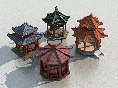 Traditional Chinese Pavilions Featuring Various Colored Roofs And Classic Design 3d model
