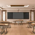 School Traditional Culture Classroom With Guqin Wooden Tables Chairs Lanterns And Wall Paintings