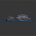 Cartoon Scene With Wavy Blue Background And Gray Islands With Yellow Circles