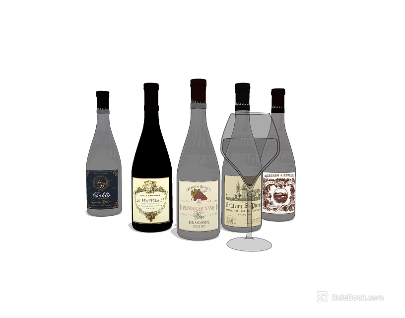 Various Wine Bottles with Unique Labels and Elegant Wine Glass Collection 3d model 