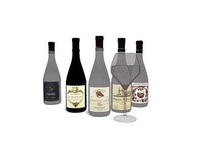 Various Wine Bottles with Unique Labels and Elegant Wine Glass Collection 3d model