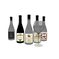 Various Wine Bottles with Unique Labels and Elegant Wine Glass Collection
