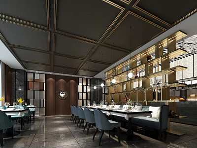 Modern Elegant Restaurant Interior Design With Dining Tables Chairs Pendant Lights And Decorative Wall 3d model