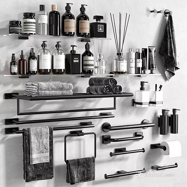 Essential Bathroom Accessories Featuring Shelves Towels Racks Toilet Paper Holder And Toiletries 3d model 