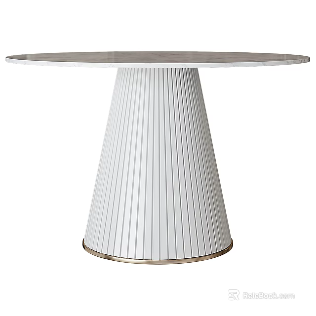 Modern Round White Dining Table With Conical Vertical Striped Design And Gold Trimmed Base 3d model 