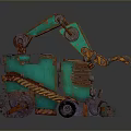 Green Mini Utility Vehicle With Tracks Front Bucket Hydraulic Arm And Rustic Rusted Appearance