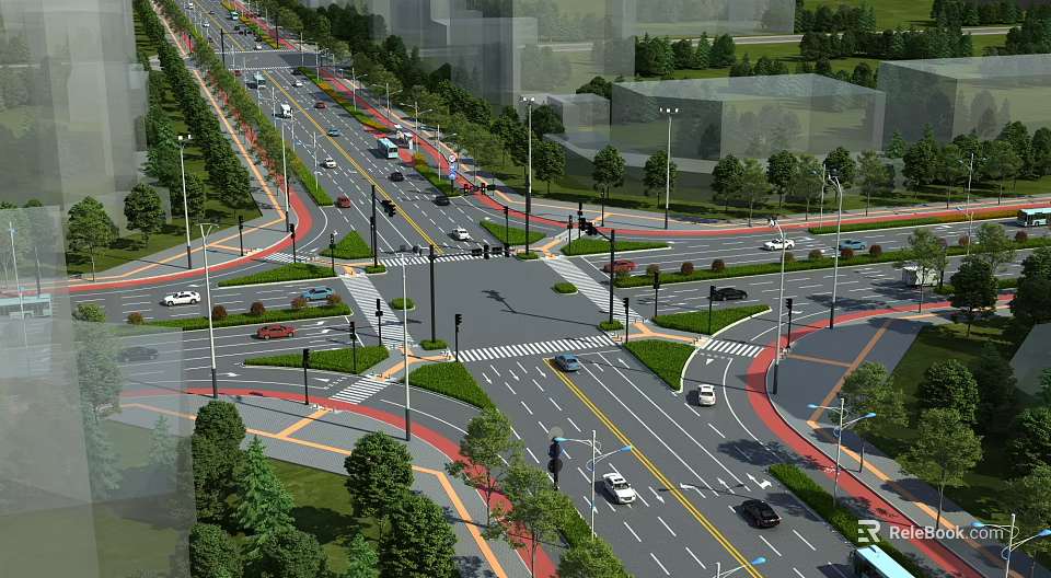Urban Road Network Aerial Planning With Traffic Lights Green Belts And Vehicles 3d model 