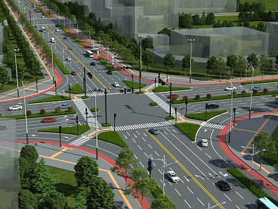Urban Road Network Aerial Planning With Traffic Lights Green Belts And Vehicles 3d model