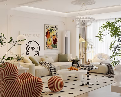 Modern Living Room Interior With Striped Armchair Round Ottoman And Geometric Rug 3d model