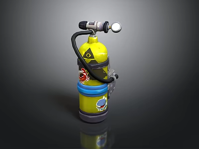 Yellow Scuba Tank With Black Hose Top Valve Decorative Graphics And Blue Bands 3d model