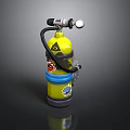 Yellow Scuba Tank With Black Hose Top Valve Decorative Graphics And Blue Bands