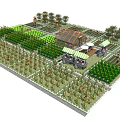 Rural Agricultural Landscape with Neat Farm Plots Greenhouse and Outdoor Seating Area