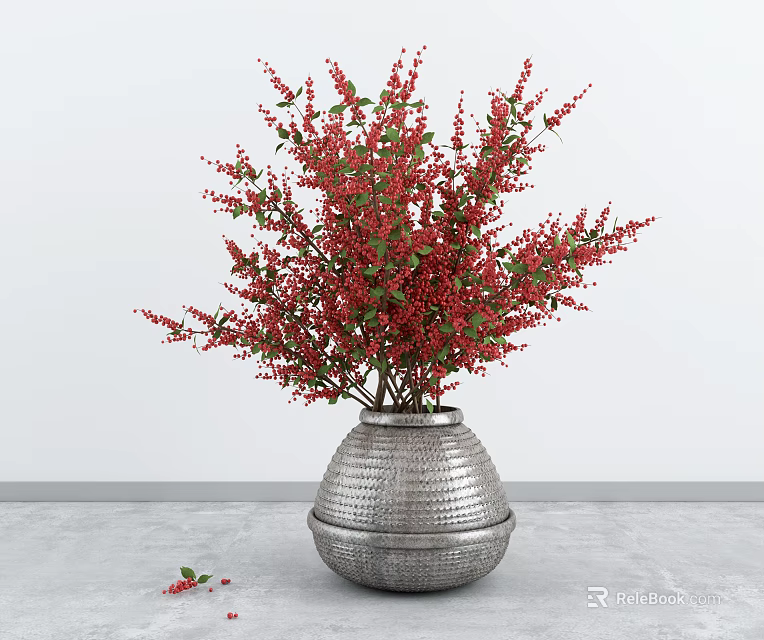 Silver Textured Vase With Lush Red Berries And Green Leaves Arrangement 3d model 