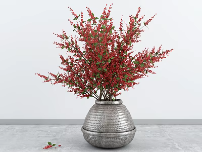 Silver Textured Vase With Lush Red Berries And Green Leaves Arrangement 3d model
