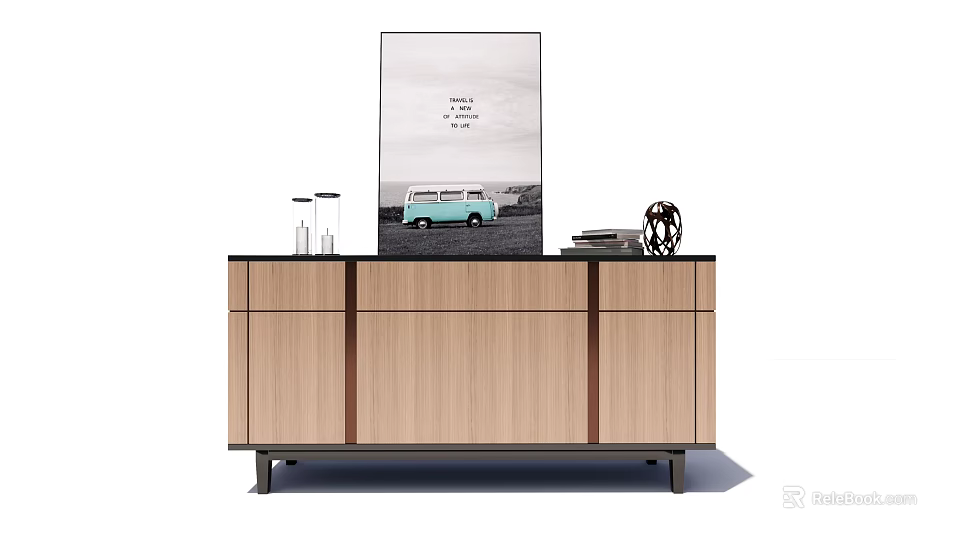 Light Wooden Entryway Cabinet Sideboard With Picture Frame Glass Cups Books And Decorative Object 3d model 