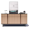 Light Wooden Entryway Cabinet Sideboard With Picture Frame Glass Cups Books And Decorative Object