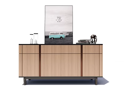 Light Wooden Entryway Cabinet Sideboard With Picture Frame Glass Cups Books And Decorative Object 3d model