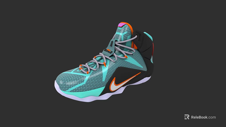 High Top Teal Basketball Shoes With Orange Accents Gray Laces And White Sole 3d model 