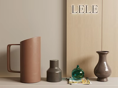 Modern Decorative Ornament Set Featuring Brown Ceramic Pitcher Gray Vase Green Glass Jar And Magazine 3d model