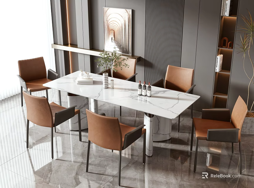 Modern Dining Table Set With Rectangular White Marble Top And Six Brown Leather Chairs 3d model