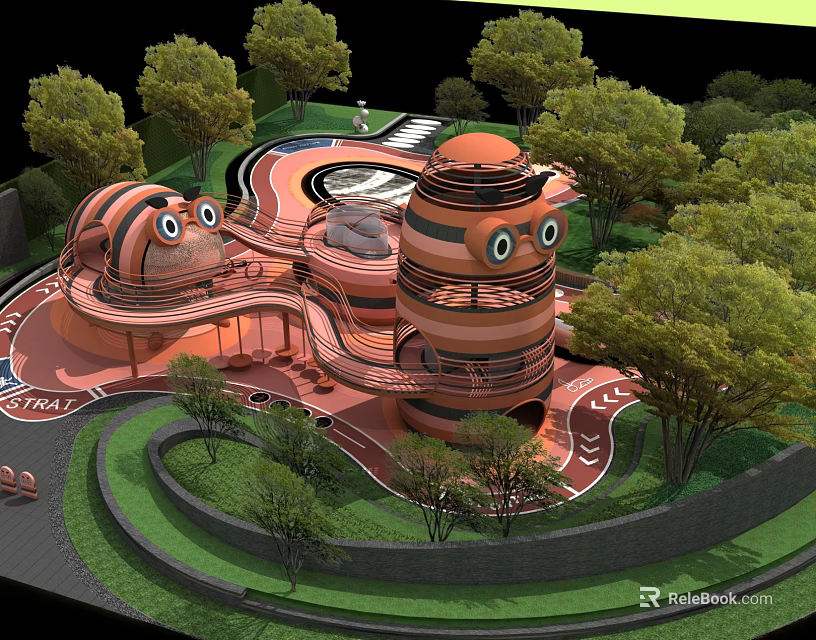 Outdoor Playground Equipment With Colorful Structures Slides And Climbing Parts Surrounded By Trees 3d model 
