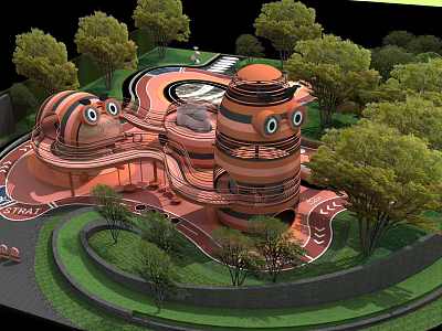 Outdoor Playground Equipment With Colorful Structures Slides And Climbing Parts Surrounded By Trees 3d model