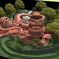 Outdoor Playground Equipment With Colorful Structures Slides And Climbing Parts Surrounded By Trees