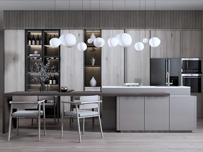 Modern Dining Table Set With Chairs Round Pendant Lights And Wooden Kitchen Cabinets 3d model