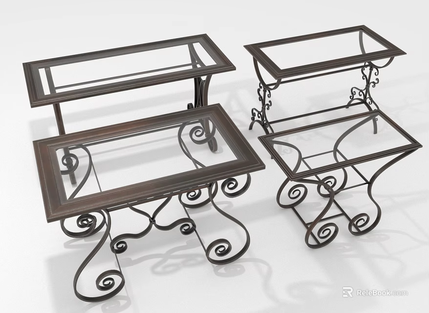 Three Piece Glass Top Furniture Set With Metal Scroll Design Frame And Artistic Curved Legs 3d model 