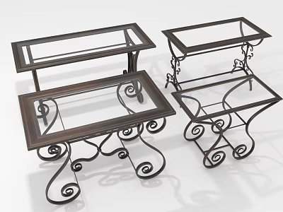Three Piece Glass Top Furniture Set With Metal Scroll Design Frame And Artistic Curved Legs 3d model