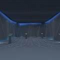 Modern Tech Inspired Interior With Grid Ceiling Blue Lighting City River View And Display Stands 3d model