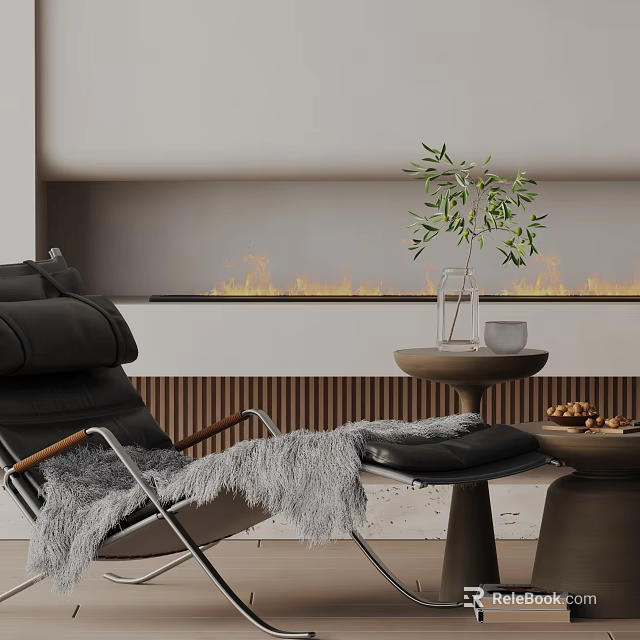 Black Leisure Chair with Metal Frame Gray Throw Side Table Olive Plant Fireplace Light Wall 3d model 