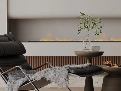 Black Leisure Chair with Metal Frame Gray Throw Side Table Olive Plant Fireplace Light Wall 3d model