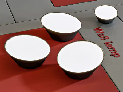 Modern Wall Lamp Set with Round White Shades and Dark Bases on Red Gray Floor 3d model
