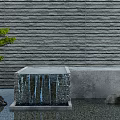 Garden Waterfall Feature With Gray Stone Wall Green Pine Tree Rocks And Lantern 3d model