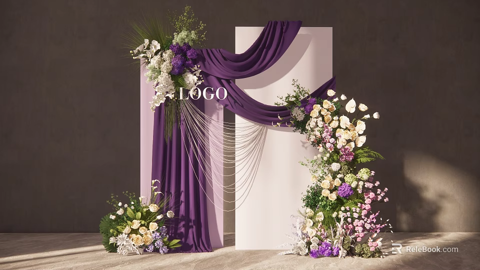 Elegant Wedding Setup With Purple Drapery White Backdrop And Floral Decorations 3d model