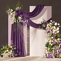 Elegant Wedding Setup With Purple Drapery White Backdrop And Floral Decorations 3d model