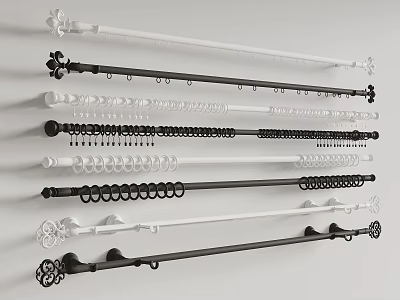Various Curtain Rod Designs In Black And White With Decorative Ends And Hooks 3d model